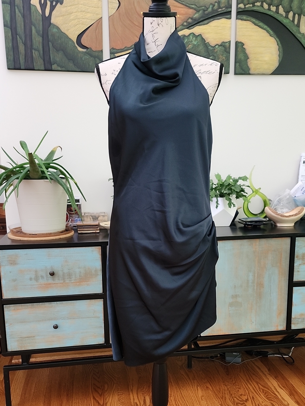 NWT Gianni Bini Peyton Ruched Satin Cowl Halter Dress Hunter Green - Picture 4 of 13